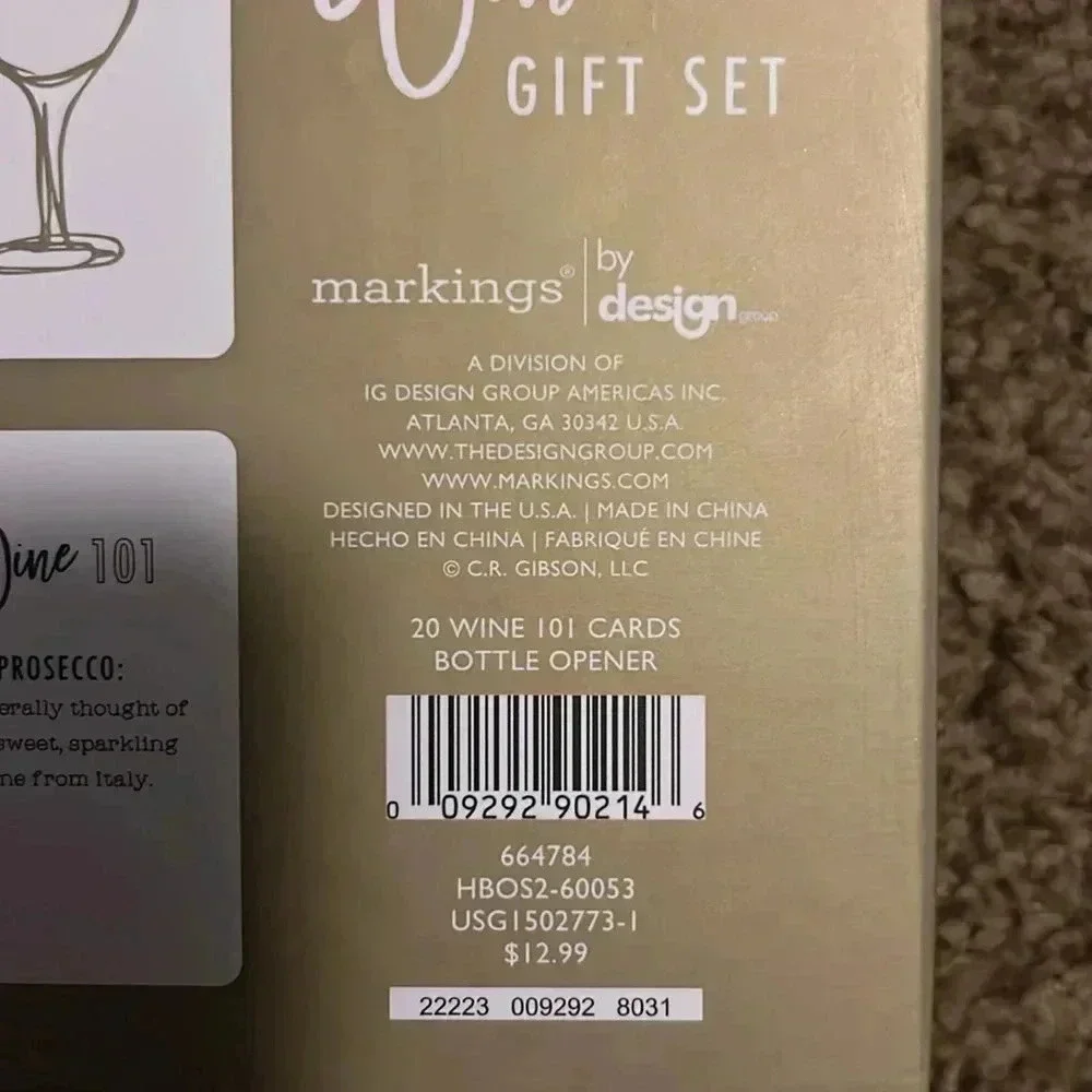Markings by Design Wine Gift Set Gold Bottle Opener and 20 Wine 101‎ Cards NEW